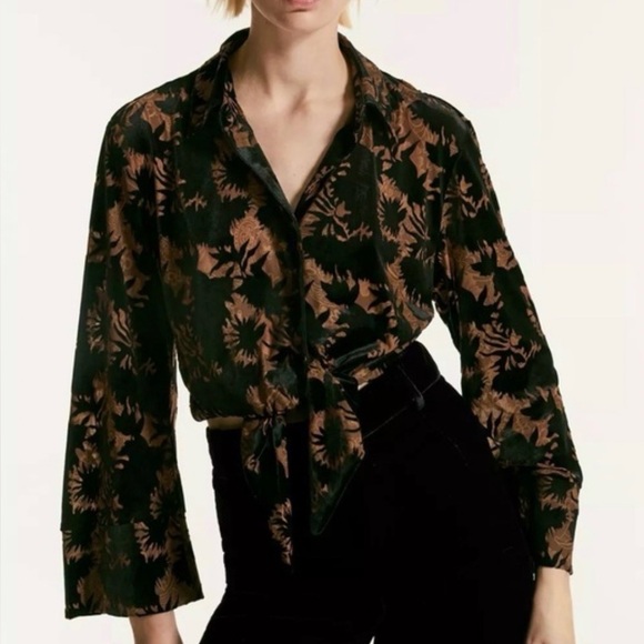 NWT Zara Semi Sheer Velvet Wrap Button Up Top - Picture 1 of 7